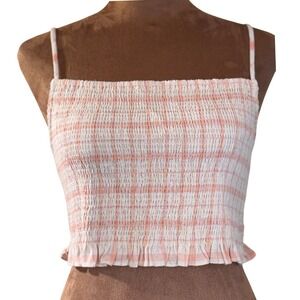 Elodie Smocked Crop Cami Top Women's Large Apricot Plaid Ruffle Hem NWT